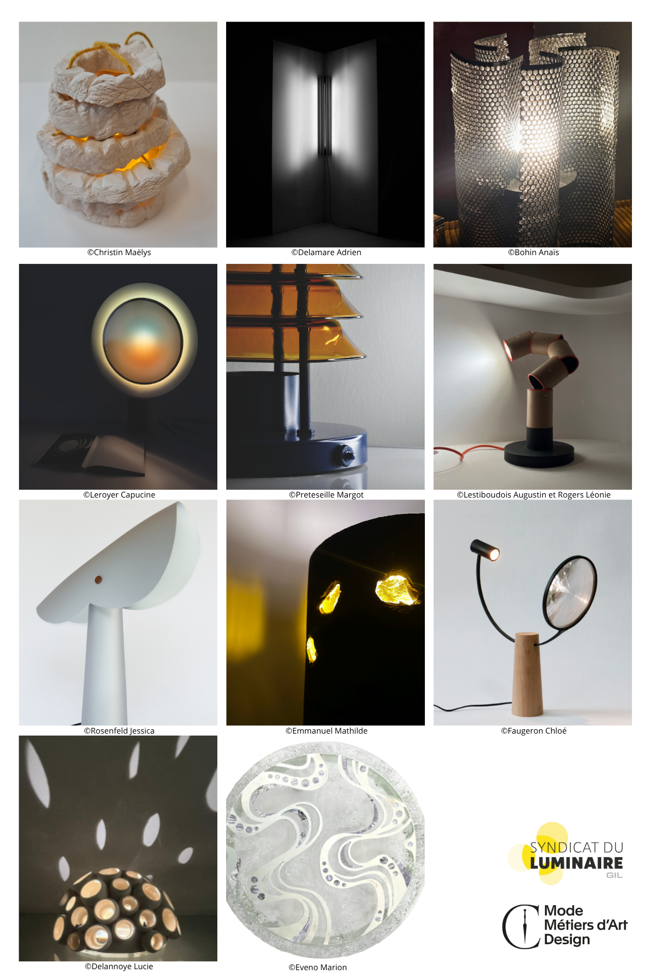 Montage photographique regroupant plusieurs projets de luminaires étudiants en compétition pour le Prix du Luminaire 2026.