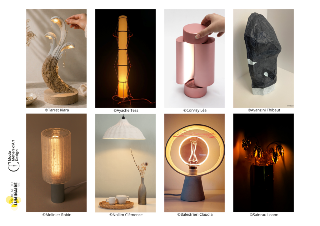 Montage photographique regroupant plusieurs projets de luminaires étudiants en compétition pour le Prix du Luminaire 2026.